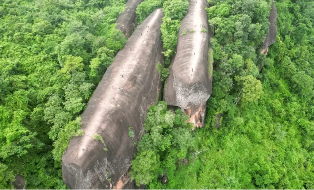 Obří skály v Thajsku připomínají tři velryby vynořující se z džungle